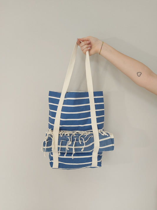 Borsa Mare a Riche Bianche e Blu con Asciugamano in Tela
