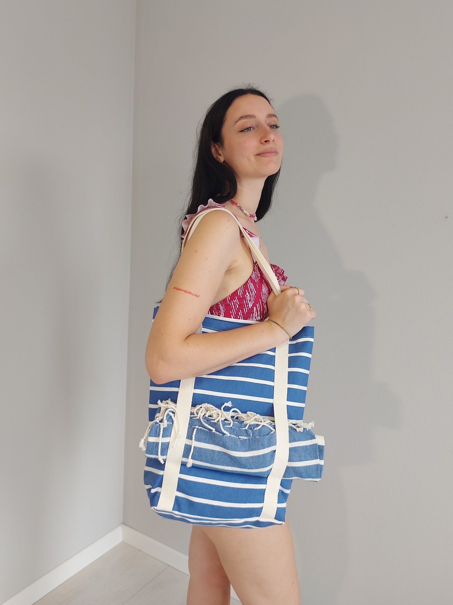 Borsa Mare a Riche Bianche e Blu con Asciugamano in Tela