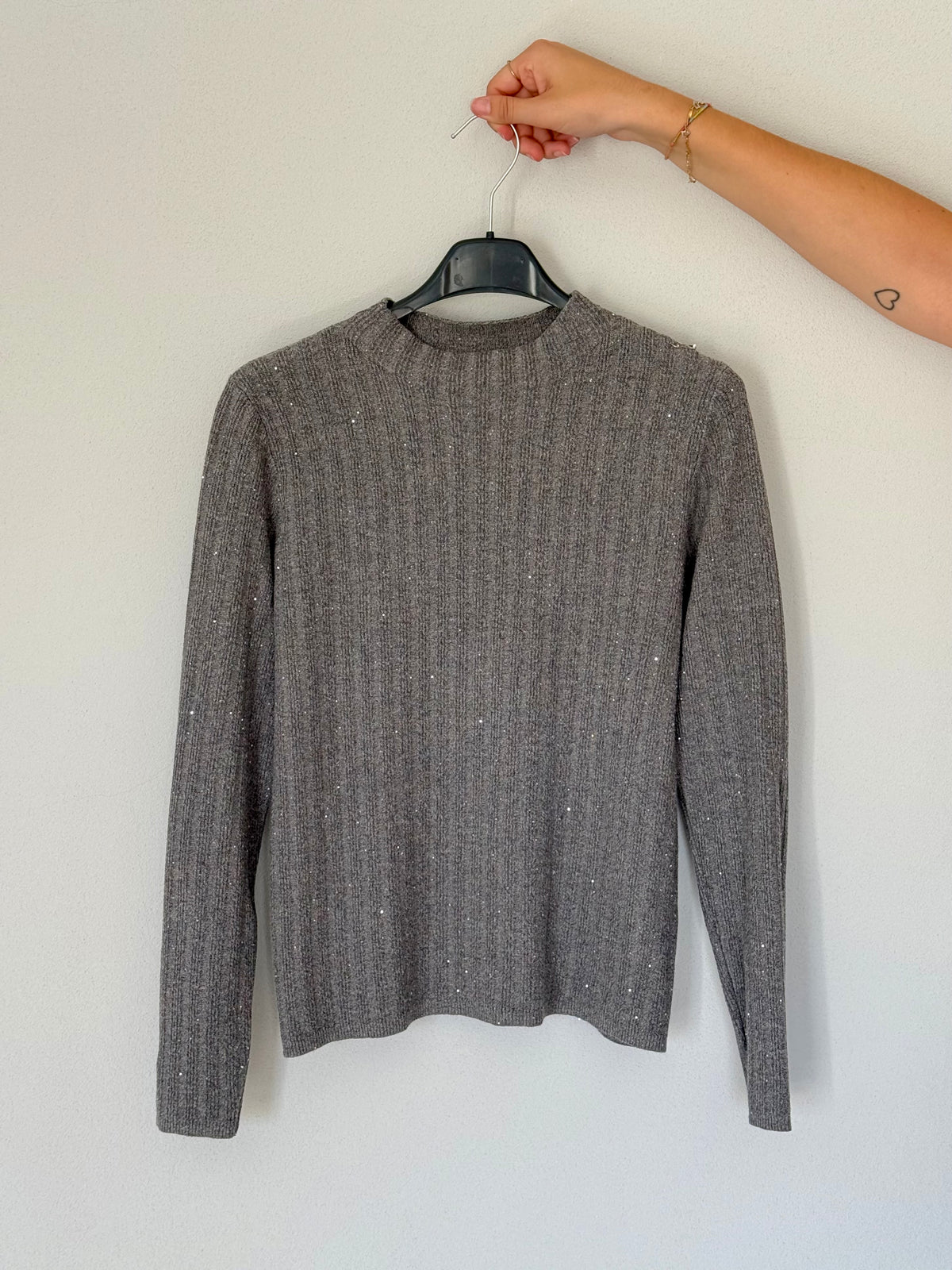 Maglione a Coste Grigio con Paillettes