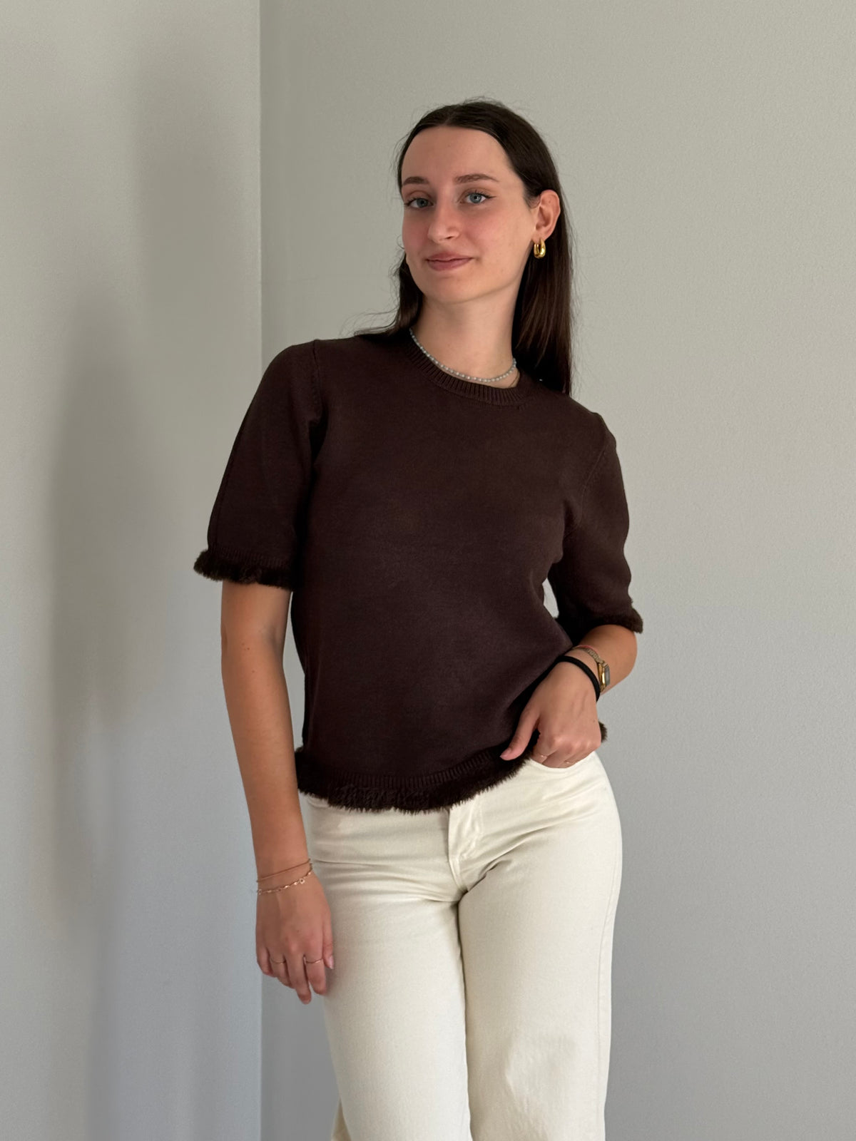 Top in Maglia Mezza Manica Marrone da Donna