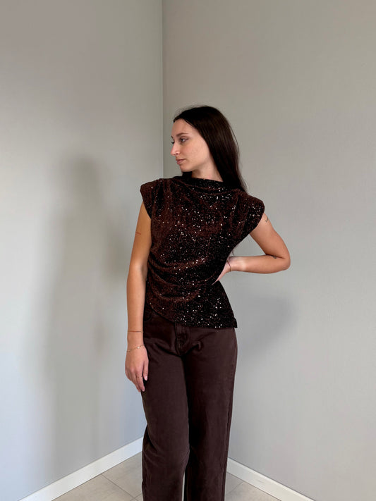 Top con Spalline e Paillettes Marrone