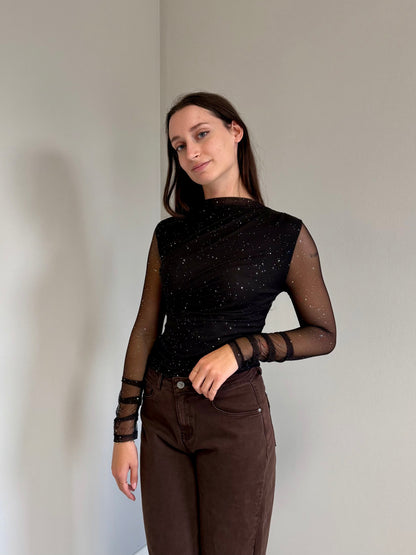 Maglia con Maniche Trasparenti e Paillettes