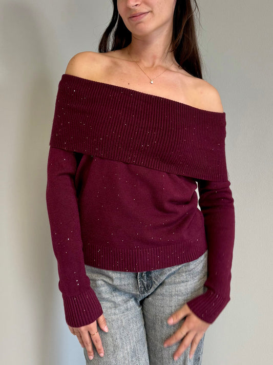 Maglione Bordeaux con Paillettes e Spalle Scese