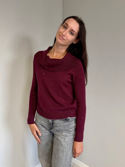 Maglione Bordeaux con Paillettes e Spalle Scese