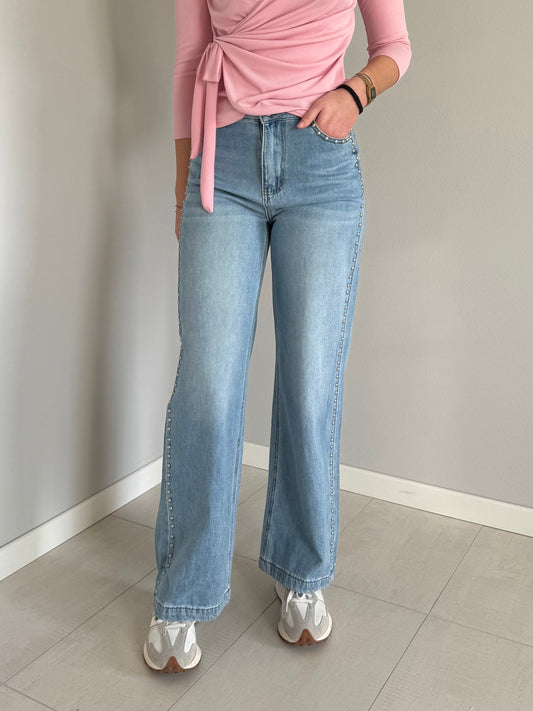 Jeans Denim Wide-Leg con Borchie