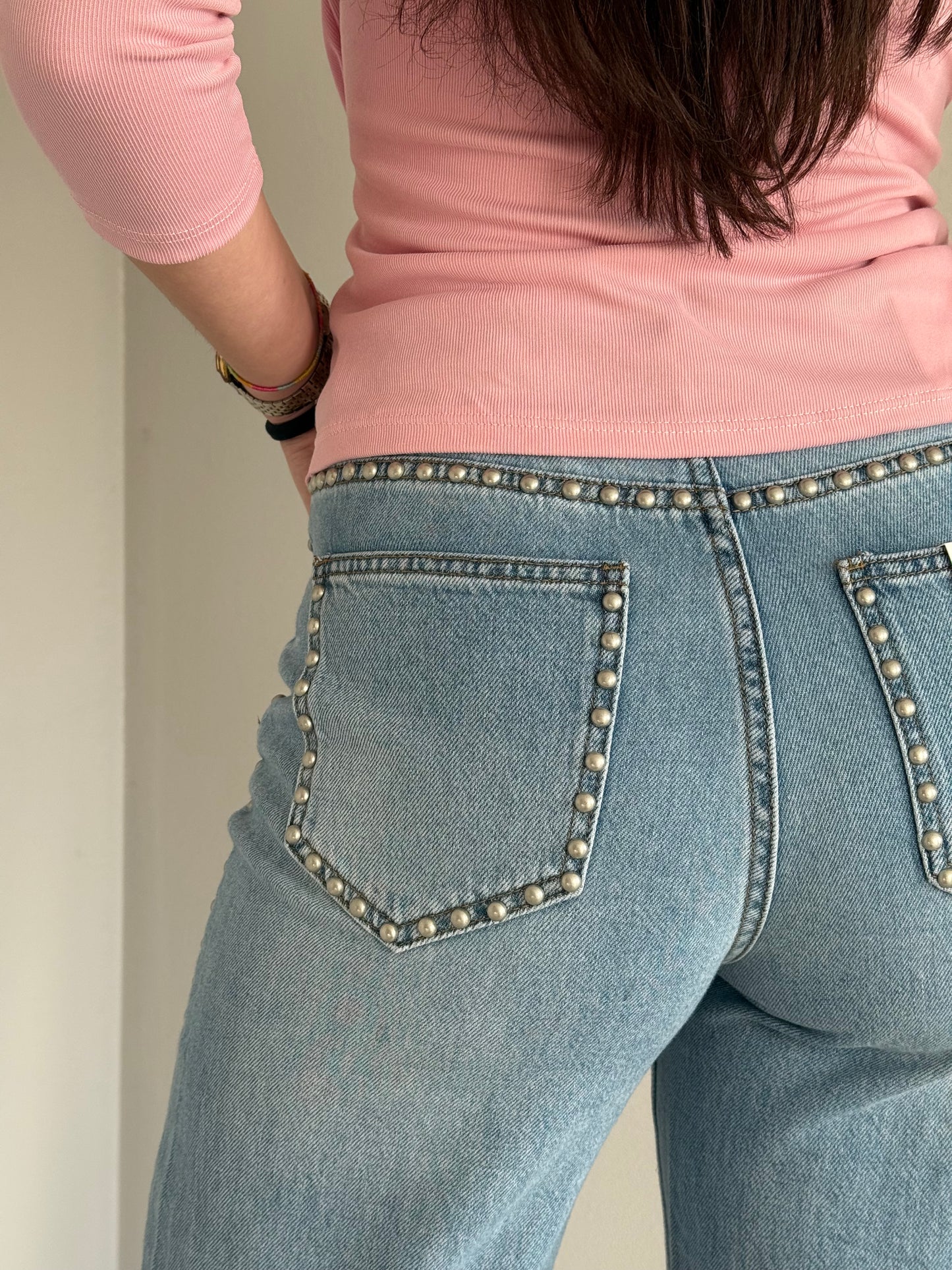 Jeans Denim Wide-Leg con Borchie