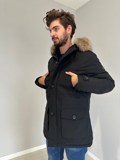 Giubbotto Nero Brugi con Cappuccio di Pelo e Tasche CY46